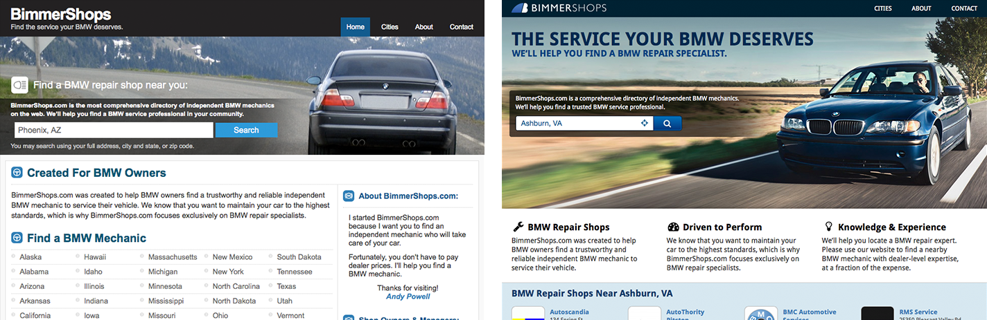 BimmerShops version 2, January 2009 left & BimmerShops version 3, March 2013 right