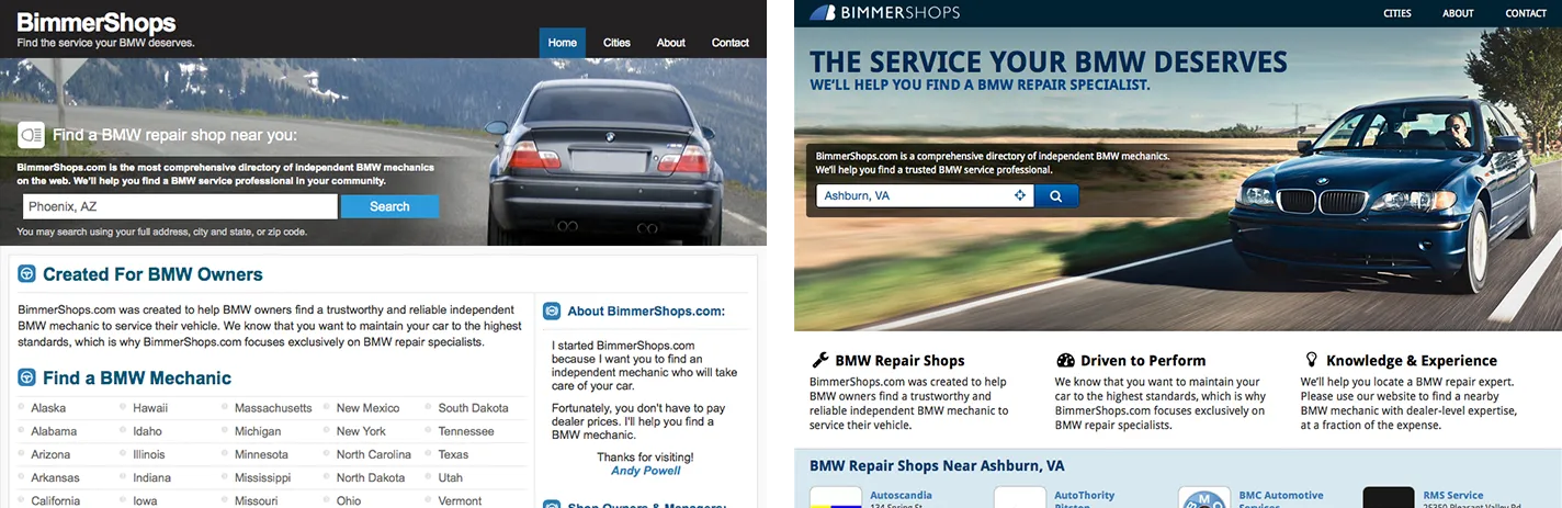 BimmerShops version 2, January 2009 left & BimmerShops version 3, March 2013 right