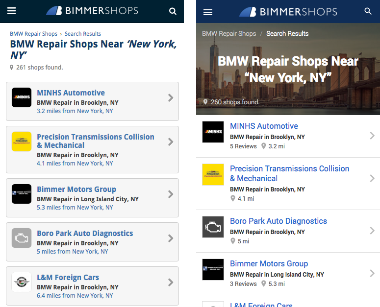 BimmerShops Shop Listing on mobile. 2013 left & 2016 right.