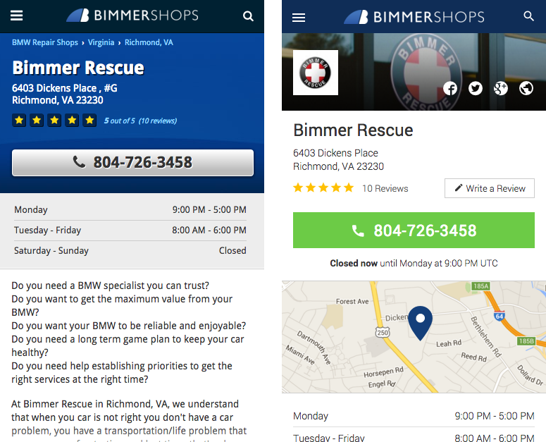 BimmerShops Shop Listing on mobile. 2013 left & 2016 right.